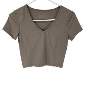 Yogalicious Lux Cropped V Neck Short Sleeve Top Brown XS Athletic Activewear
